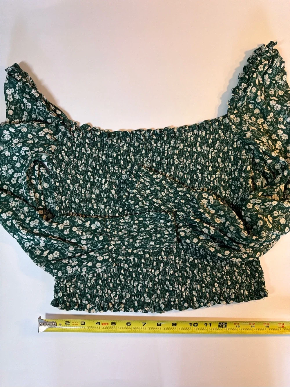 Reformation Green Floral Smocked Puff Sleeve Crop Top Size Small